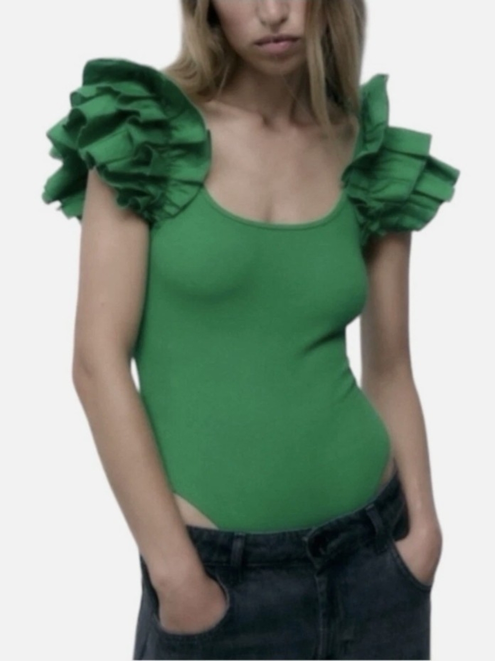 Zara Green Ruffle-Sleeve Bodysuit
